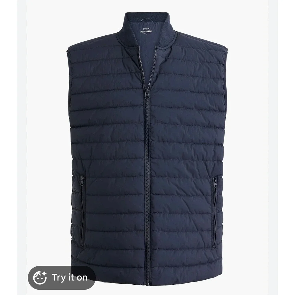 J.Crew Mens Navy Blue Quilted Puffer Vest Full Zip Ribbed Collar Small